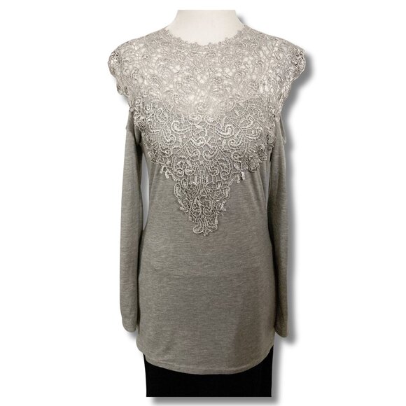 YOINS Heathered grey cold-shoulder lace top ~ SMALL MEDIUM peak-a-boo shirt - Picture 1 of 14